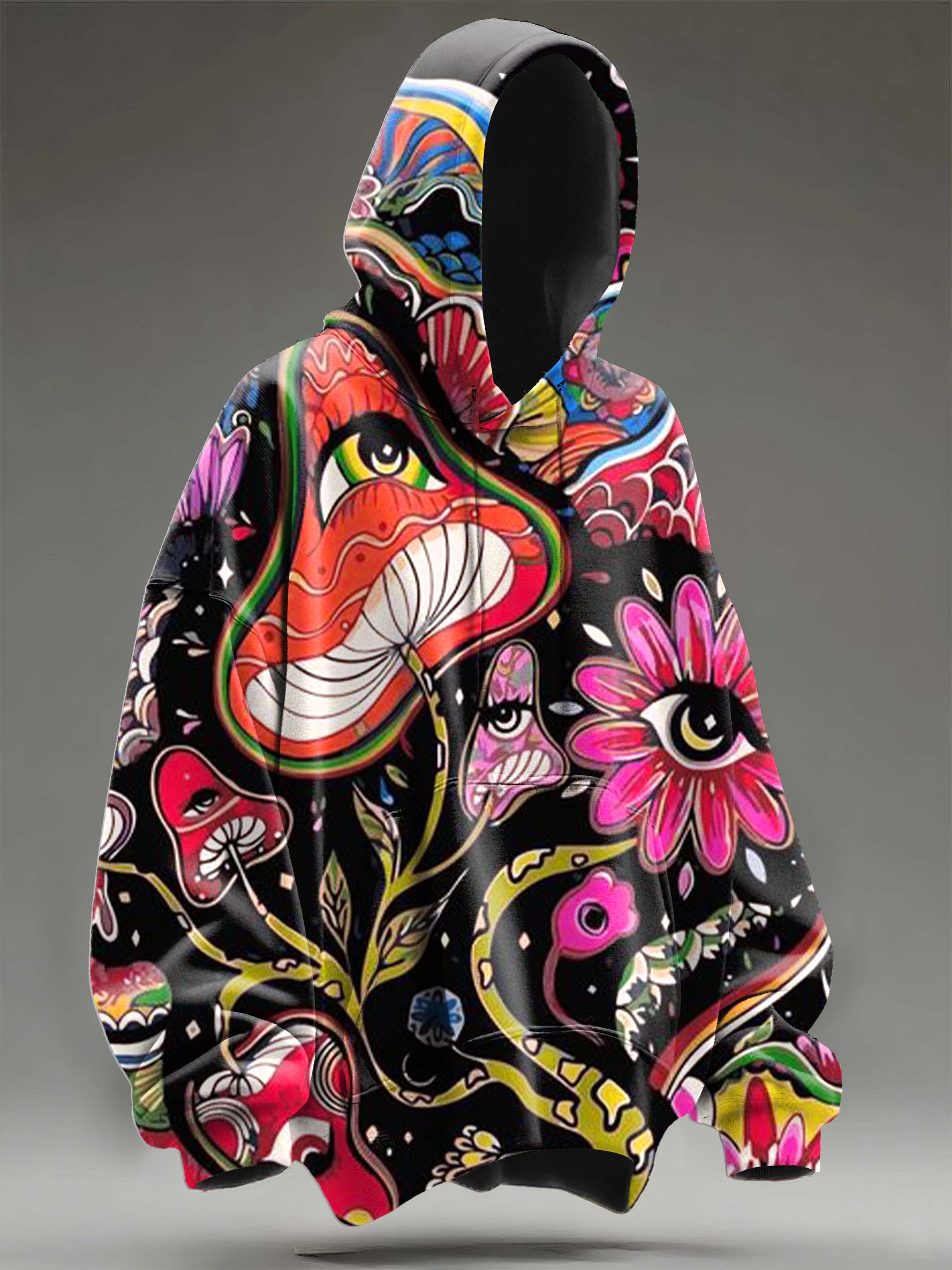 Retro Mushroom Flowers Eye Art Print Casual Hooded Sweatshirt