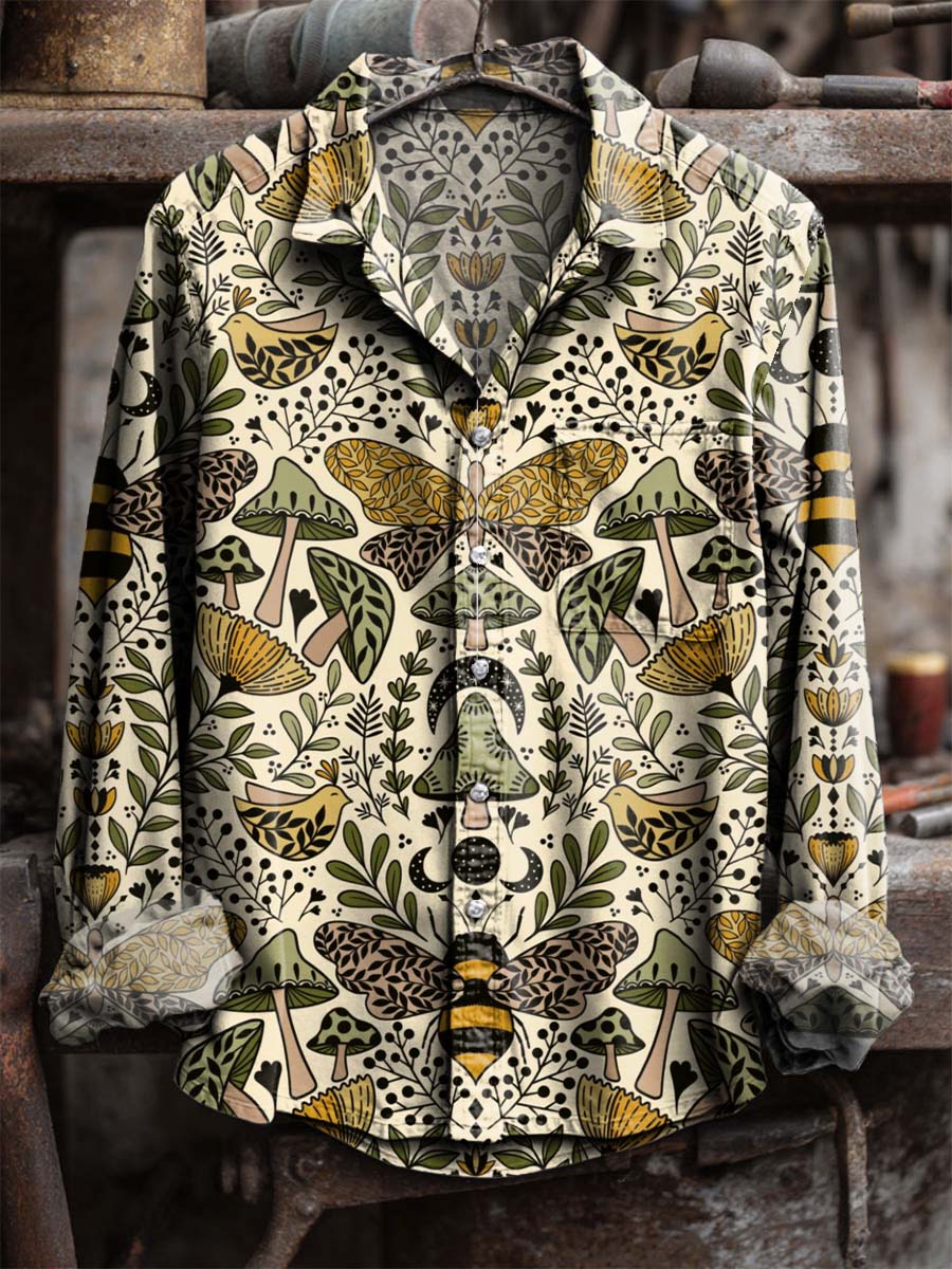 Retro Moth Mushroom Moon Leaves Symmetry Art Print 100% Cotton Long Sleeve Shirt