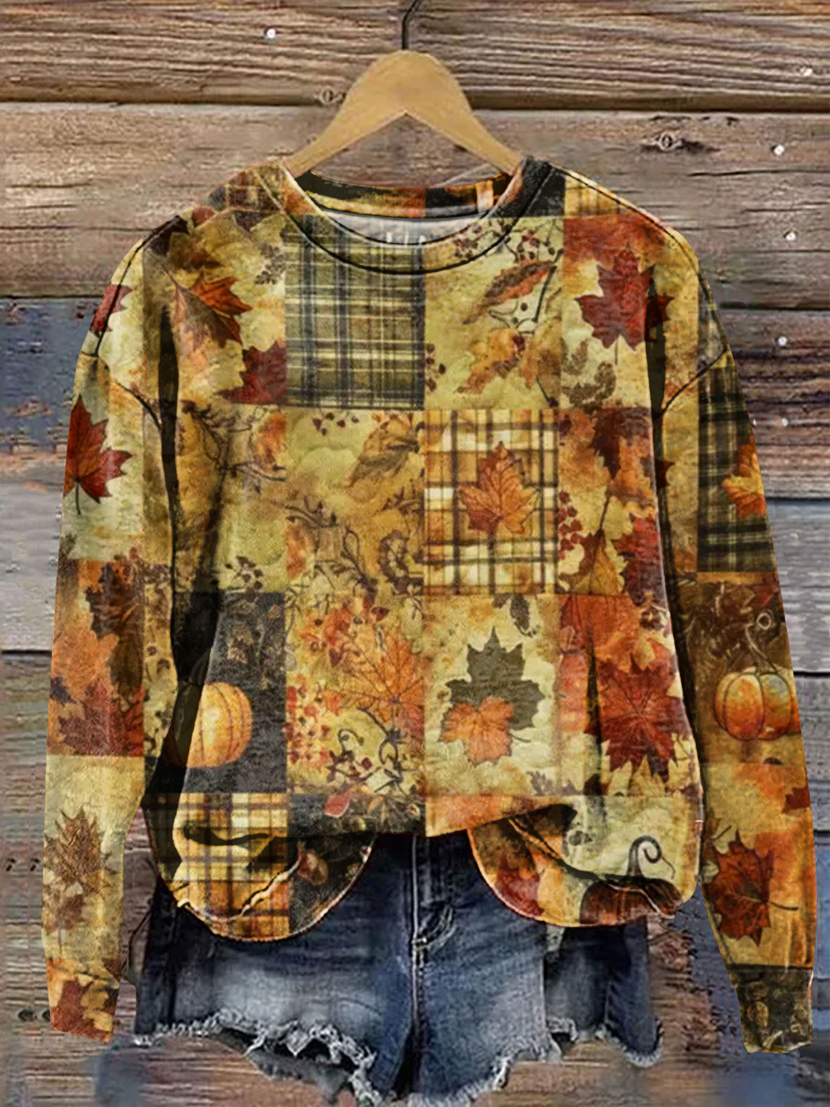 Vintage Fall Autumn Halloween Patchwork Art Print Casaul Long Sleeve Sweashirt