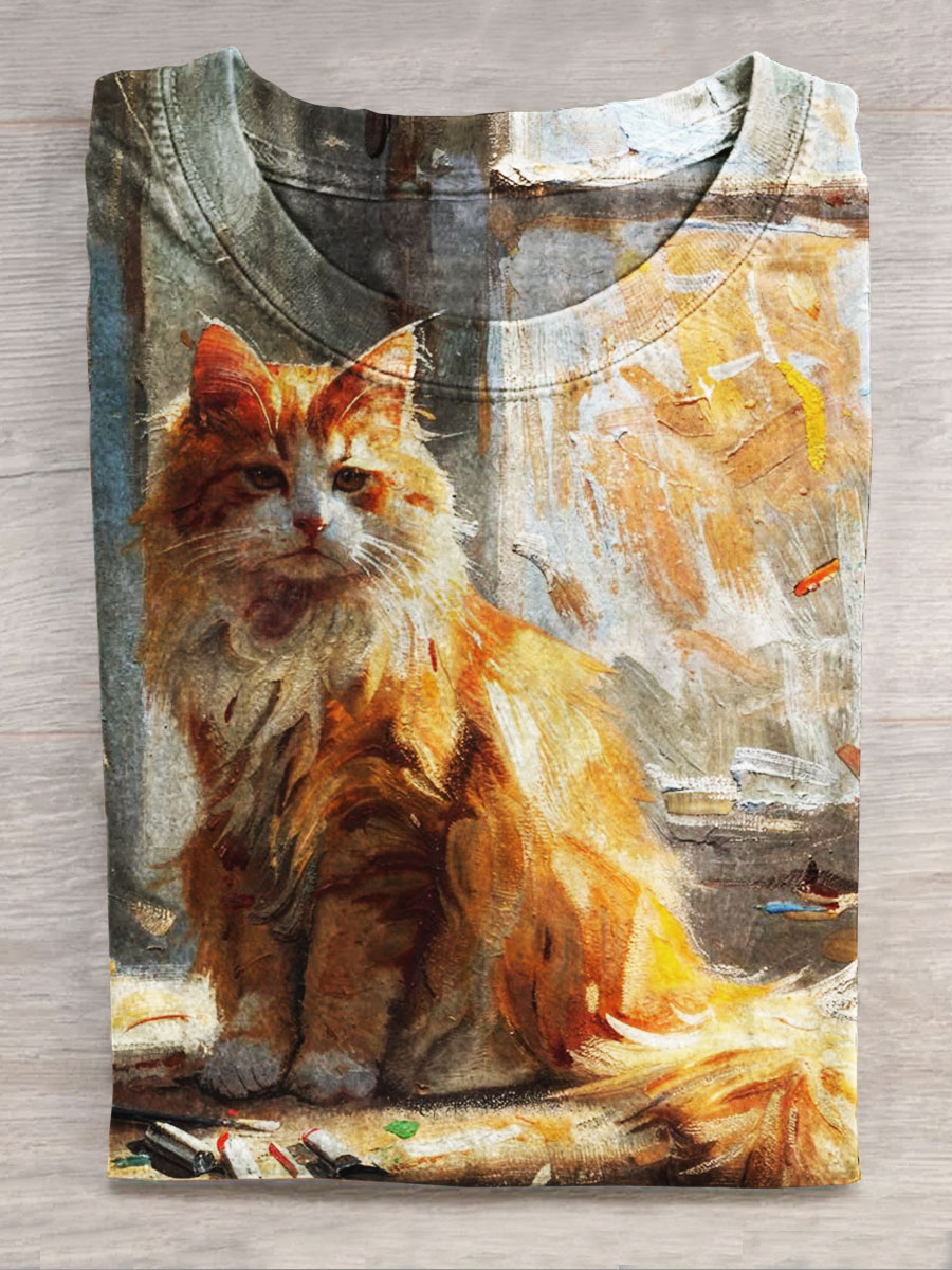 Cat Print Casual Short-sleeved Top