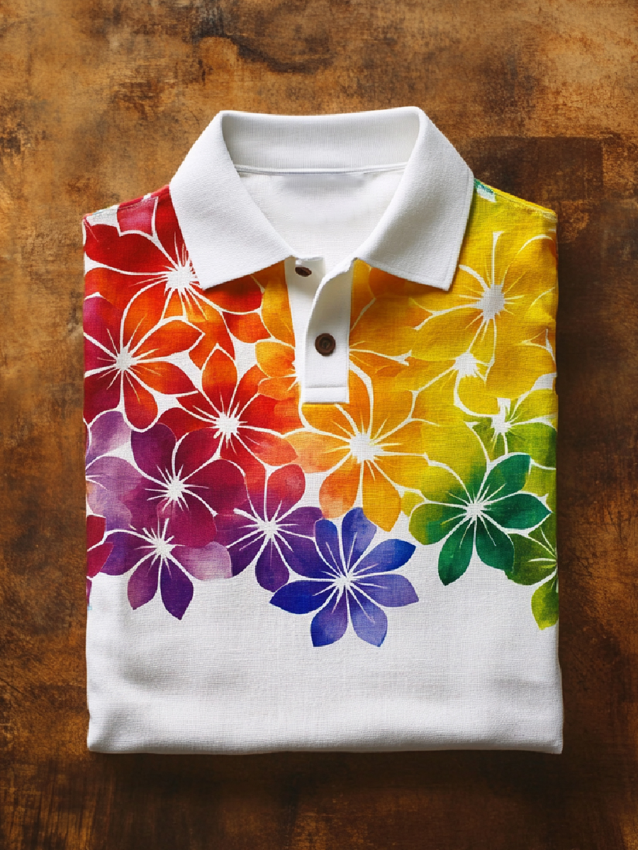 Rainbow Floral Art Print Casual Short Sleeve Polo Shirt