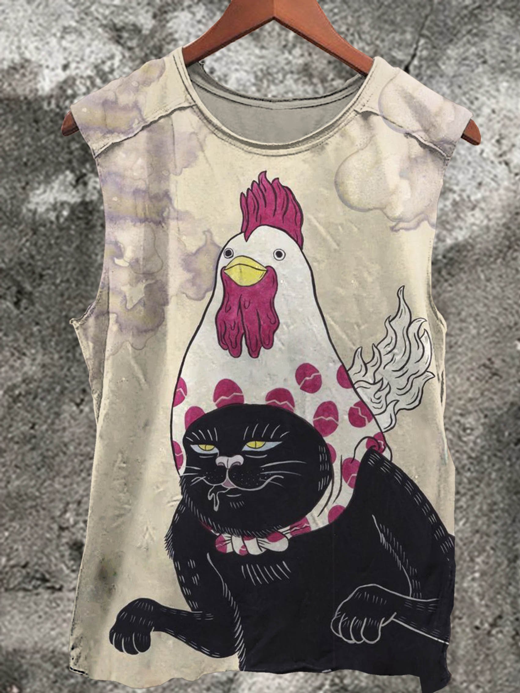 Cat with Chicken Head Print 100% Cotton Casual Tank Top