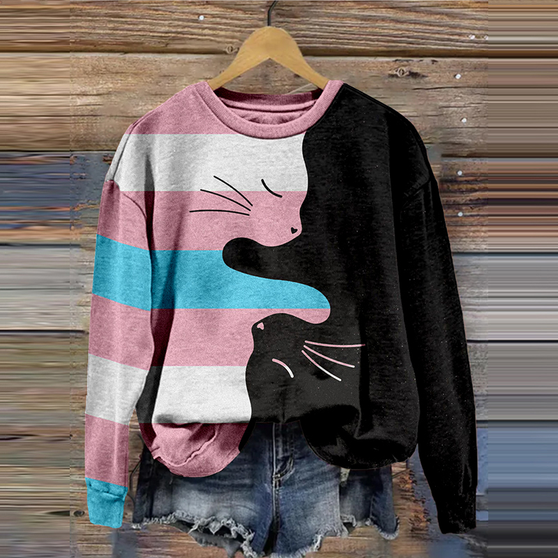 Transgender Yin Yang Cat Print Vintage Cozy Sweatshirt