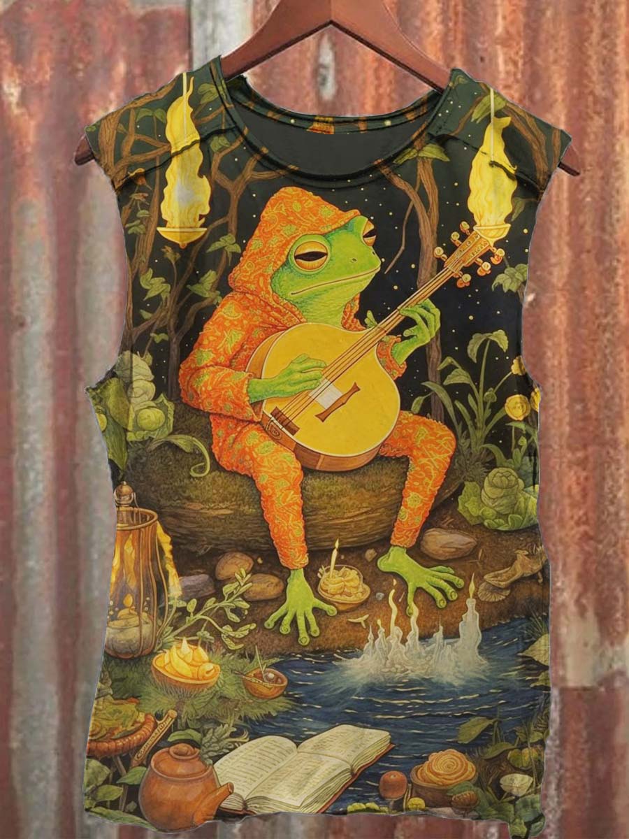 Vintage Frog Print Casual Tank Top
