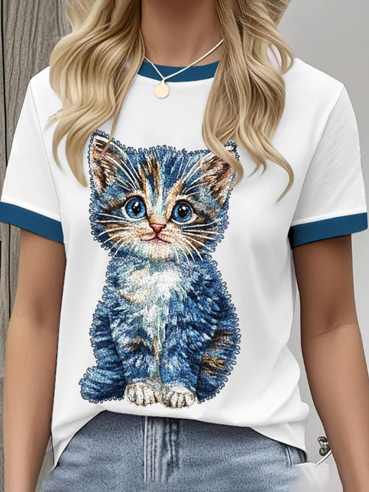 Women's Retro Funny Denim Patch Animal Cat Print Crew Neck T-shirt