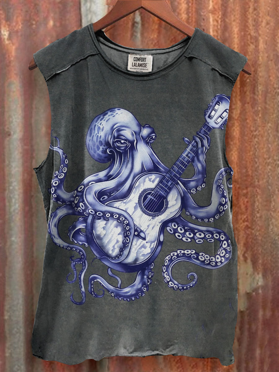 Octopus Playing Guitar Retro Vintage Art Print 100% Cotton Casual Tank Top