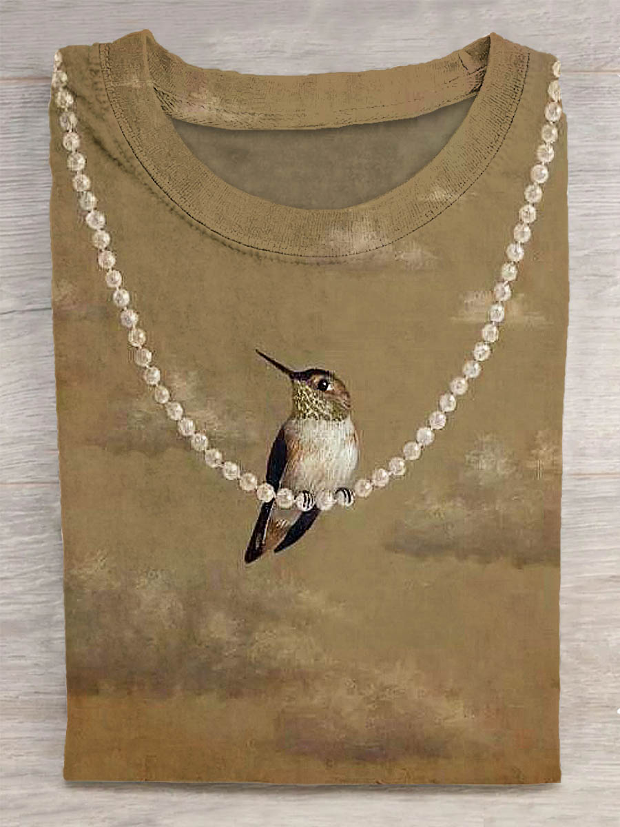 Unisex Pearl Necklace And Bird Printed Vintage Fashion Loose Short Sleeve T-Shirt