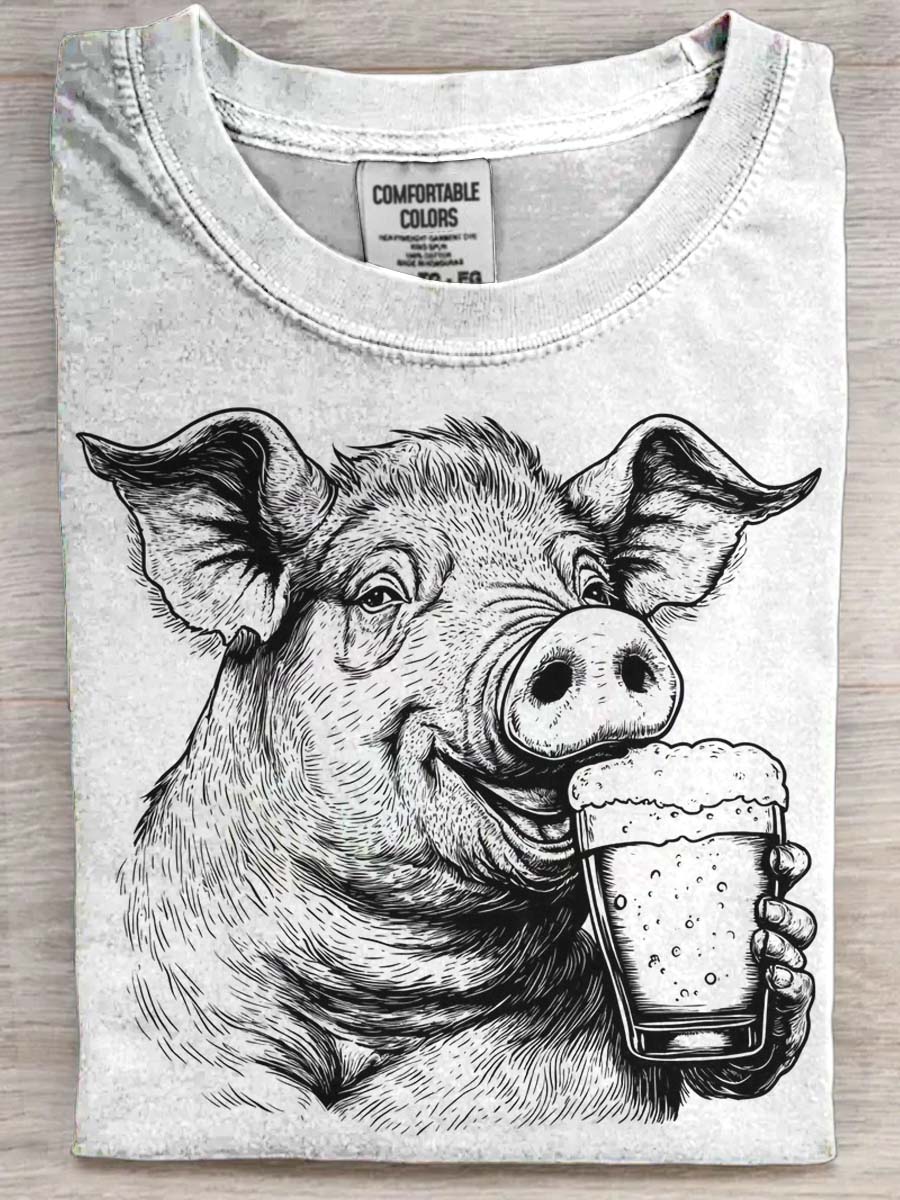 Beer Drinking Pig Printed Casual Short Sleeve T-Shirt