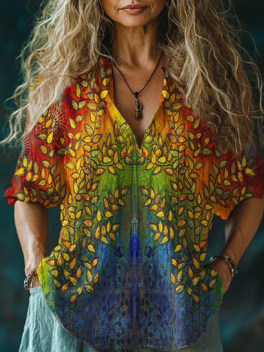 Rainbow Floral Art Print Long Sleeve Cotton and Linen Top