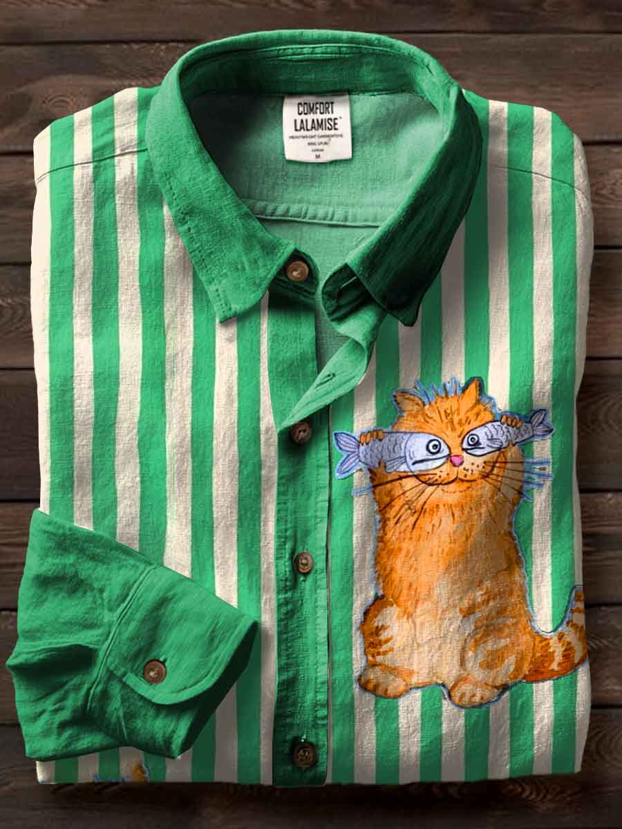 Funny Cat Stripe Art Print Casual Cotton Shirt
