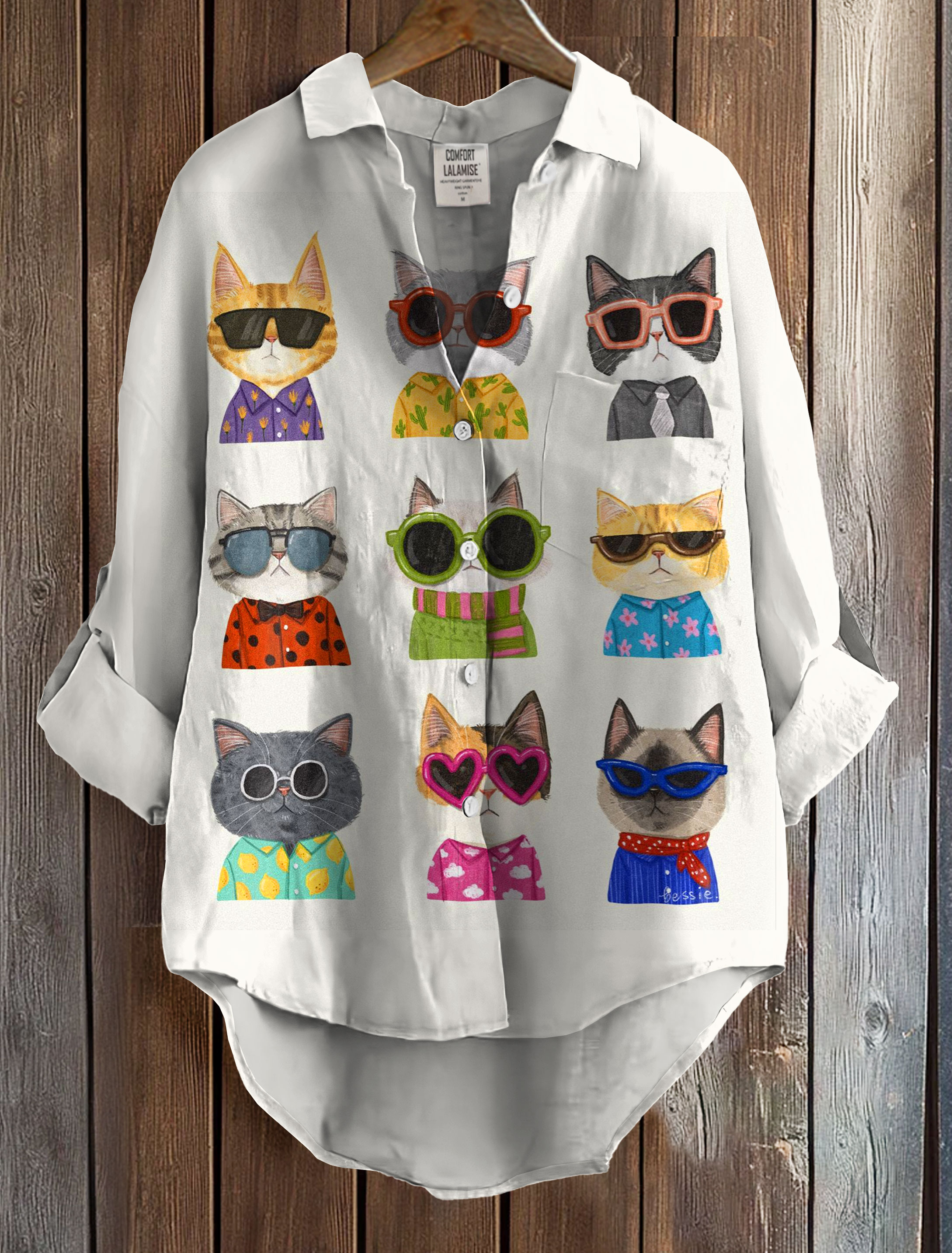 Cute Cat Art Print Casual Cotton Shirt