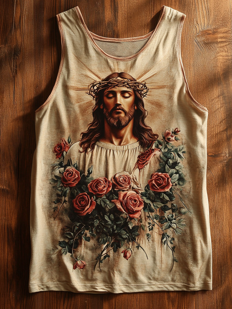 Vintage Floral Jesus Print Tank Top