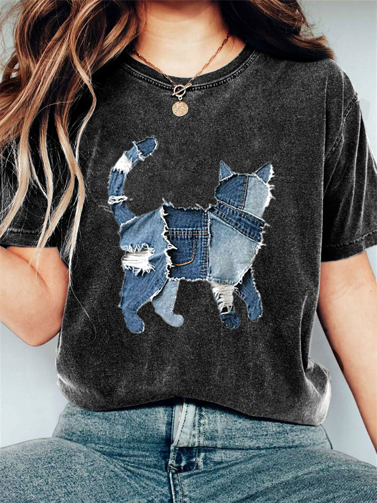 Women's Casual Funny Denim Cat Print T-shirt
