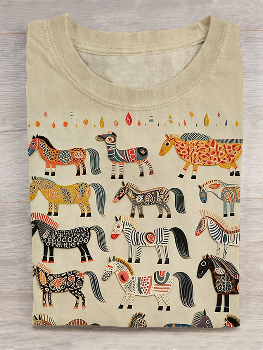 Horse Art Print Crew Neck T-Shirt