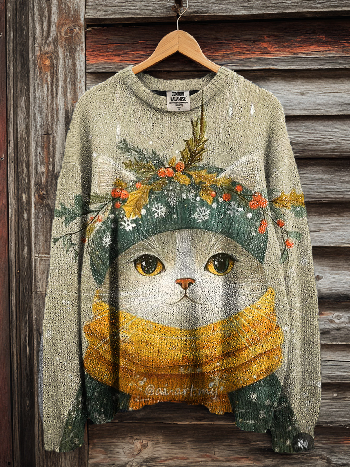 Winter Vintage Fantasy Cute Cat Art Print Knit Pullover Sweater