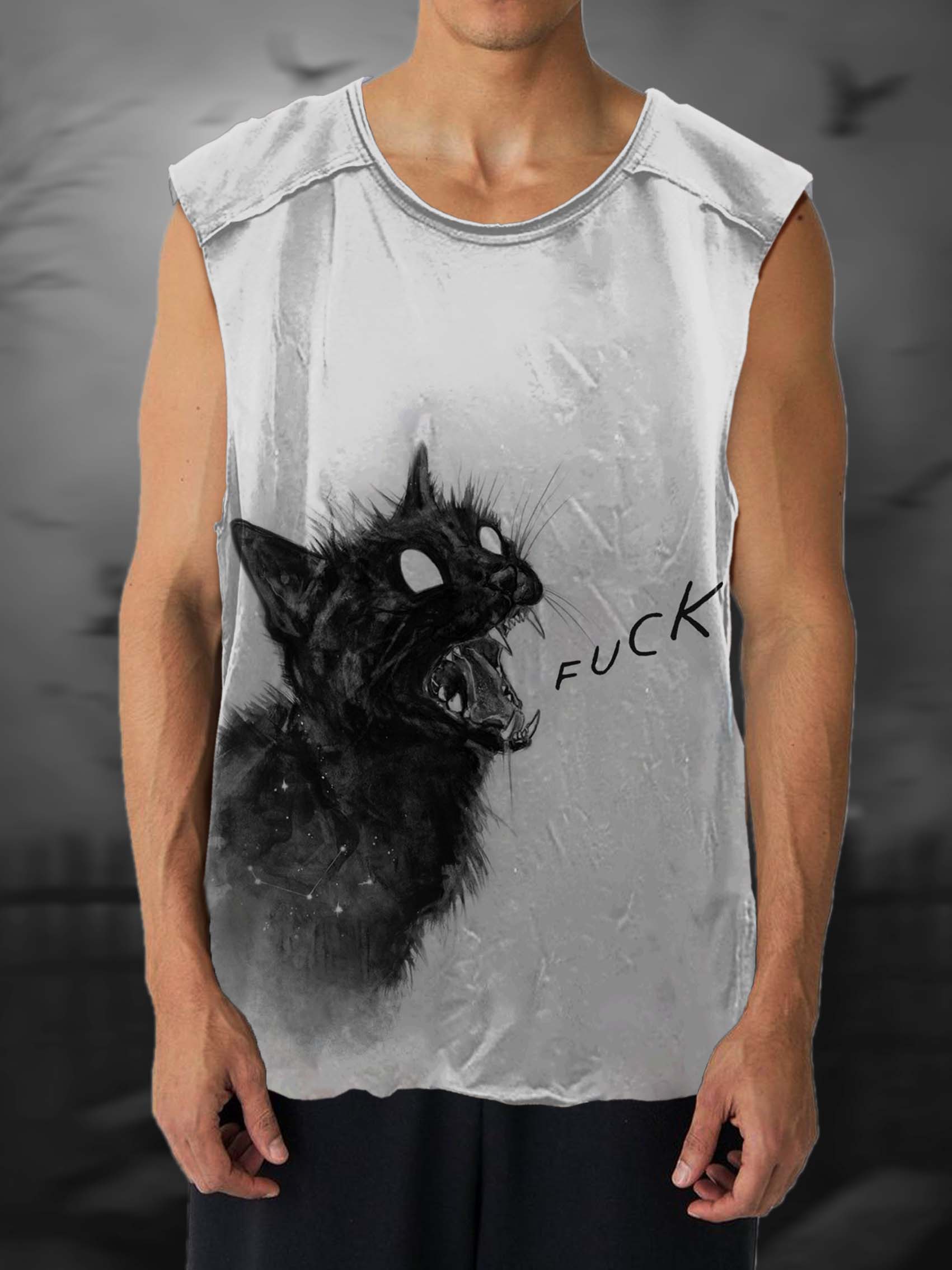Unisex Black Cat Fuck Print 100% Cotton Casual Tank Top