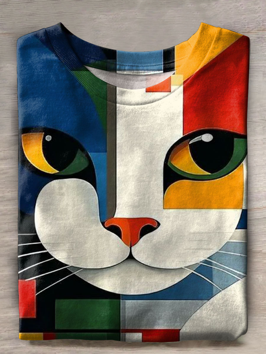 Abstract Art Cat Print Casual T-shirt