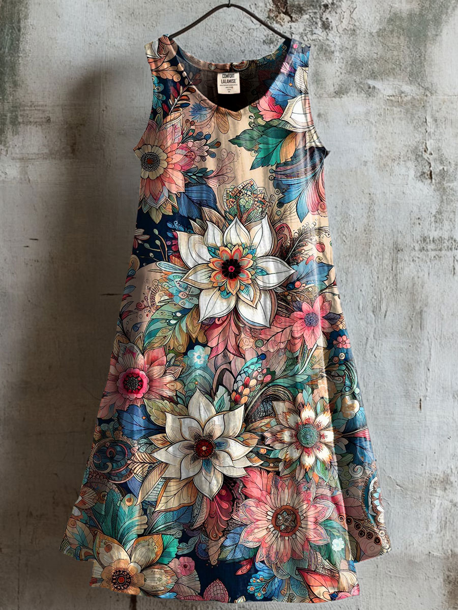 Women's Vintage Floral Art Print V-neck Pocket Cotton Dress