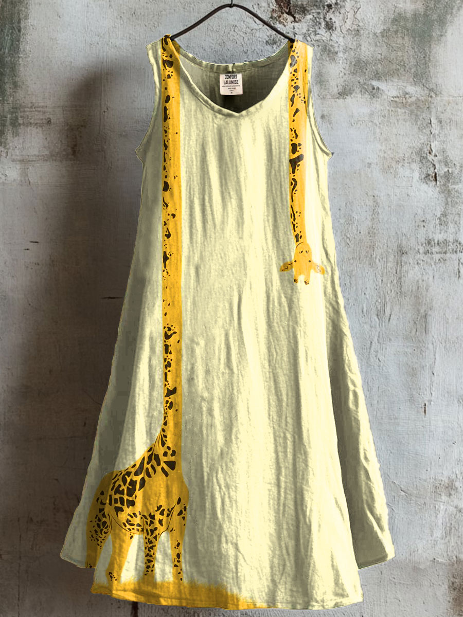 Women's Cute giraffe art Print V-neck Pocket Cotton Dress