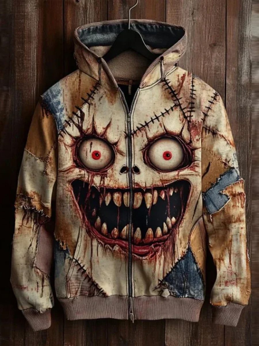 Vintage Halloween Horror Zombie Eyes Art Print Casual Zip Hoodie Sweatshirt