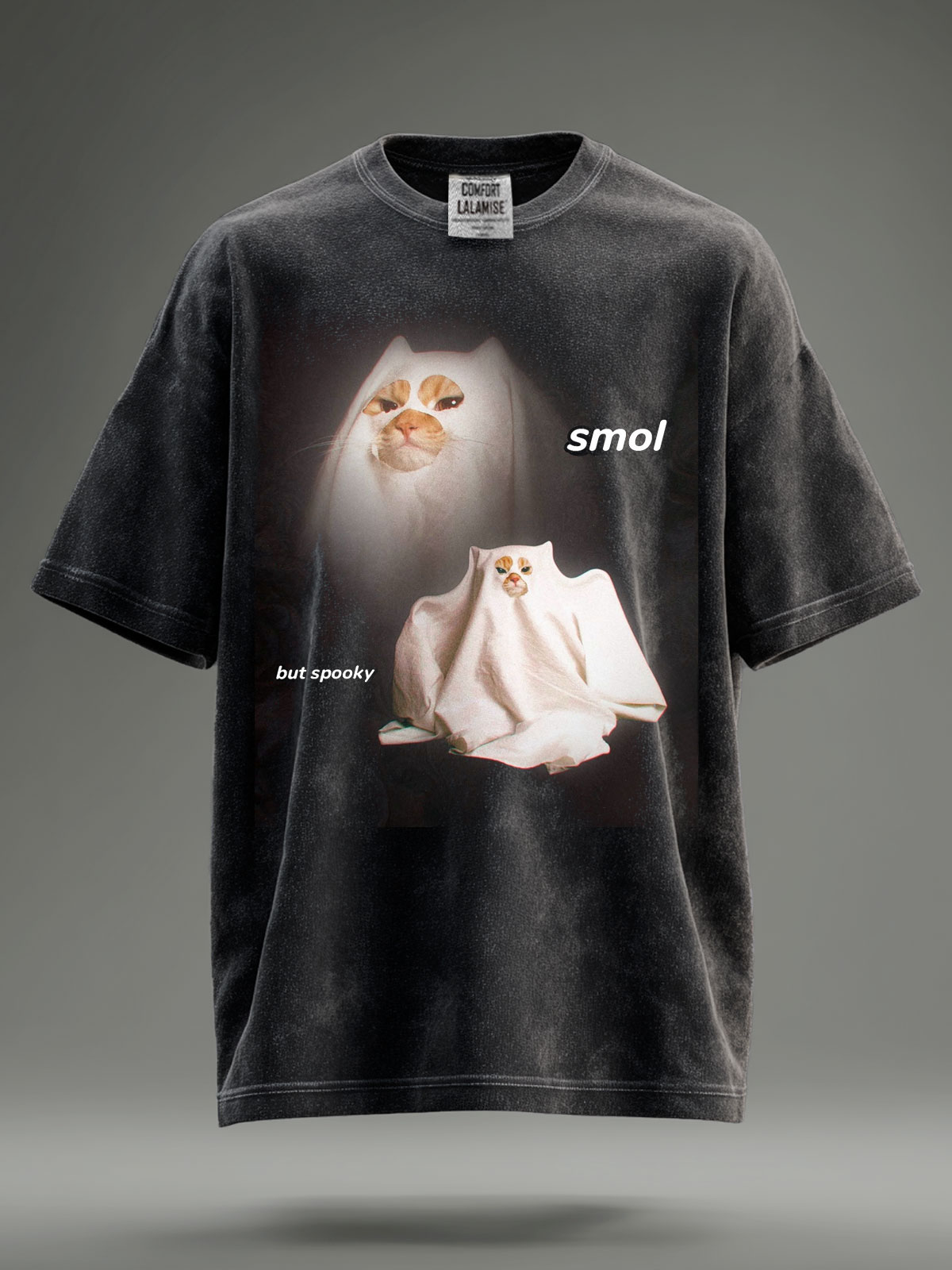 Ghost Cat Meme Funny Halloween Print Retro Distressed Washed Cotton T-shirt