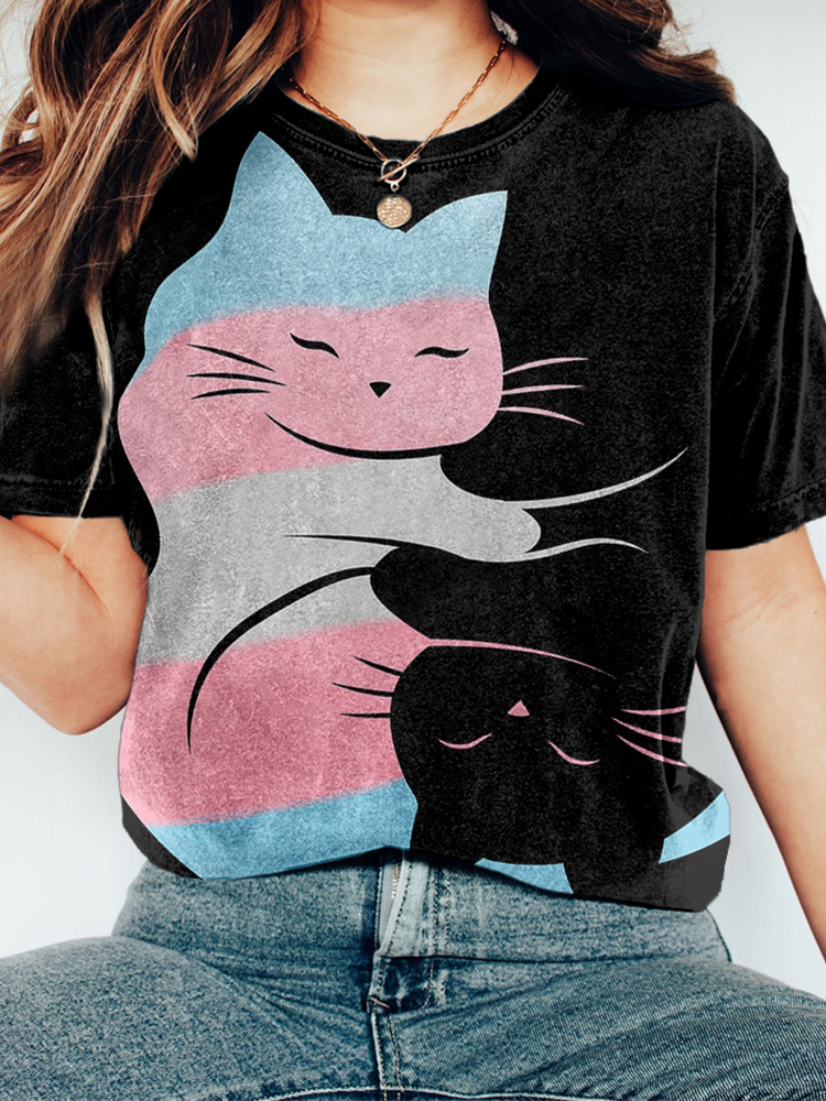 Transgender Yin Yang Cat Print Vintage Cozy T Shirt