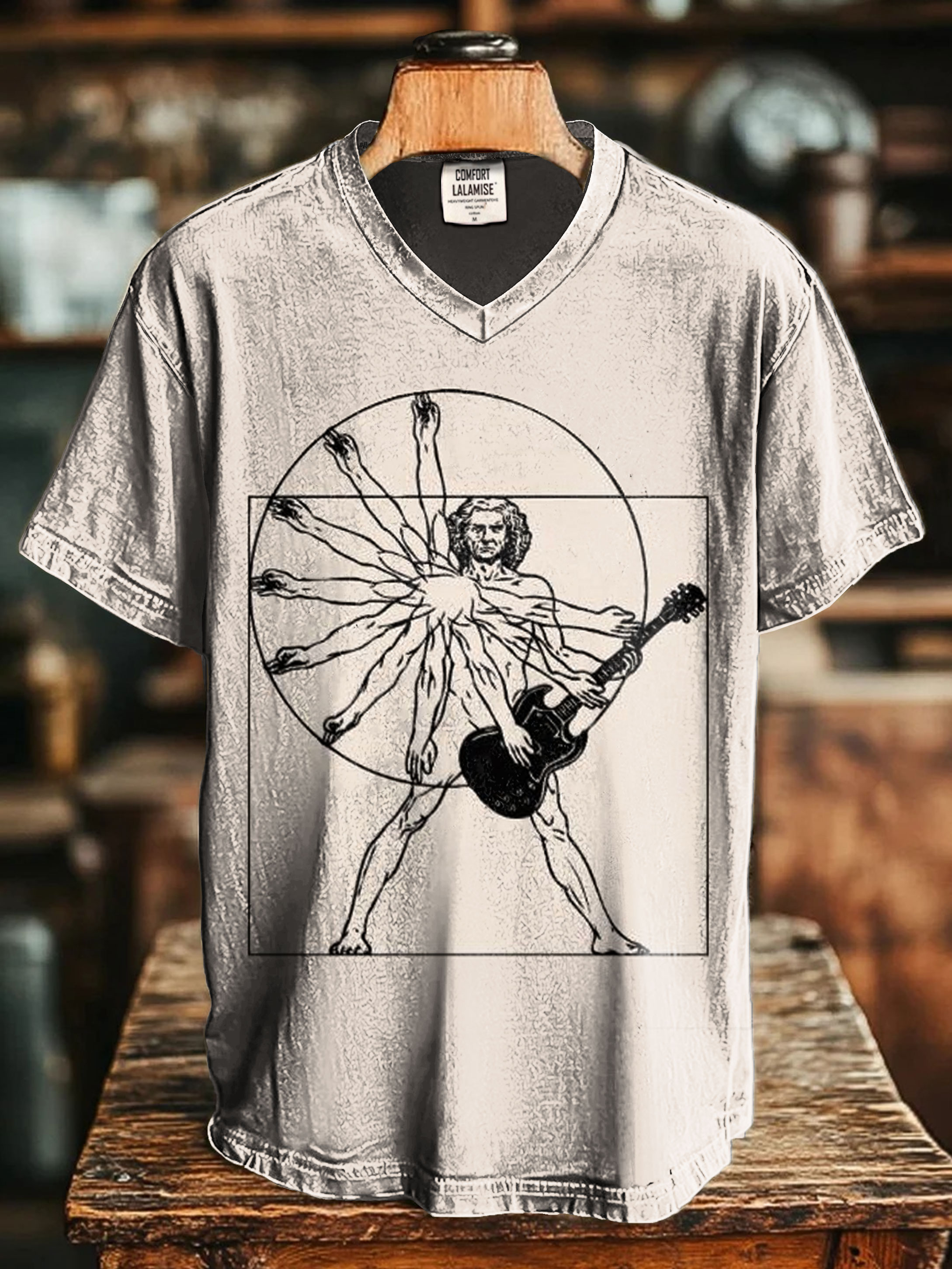 Retro Vitruvian Man Art Print Casaul Short Sleeve V-neck T-shirt
