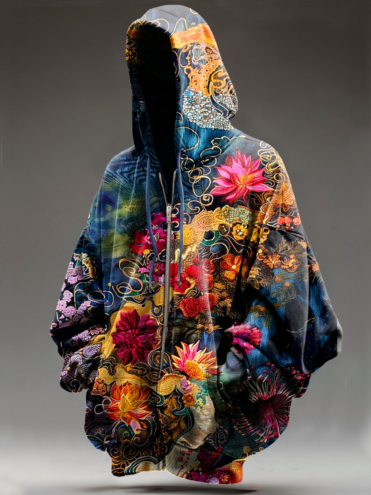 Vintage Flower Art Print Casual Zip Hoodie Sweatshirt