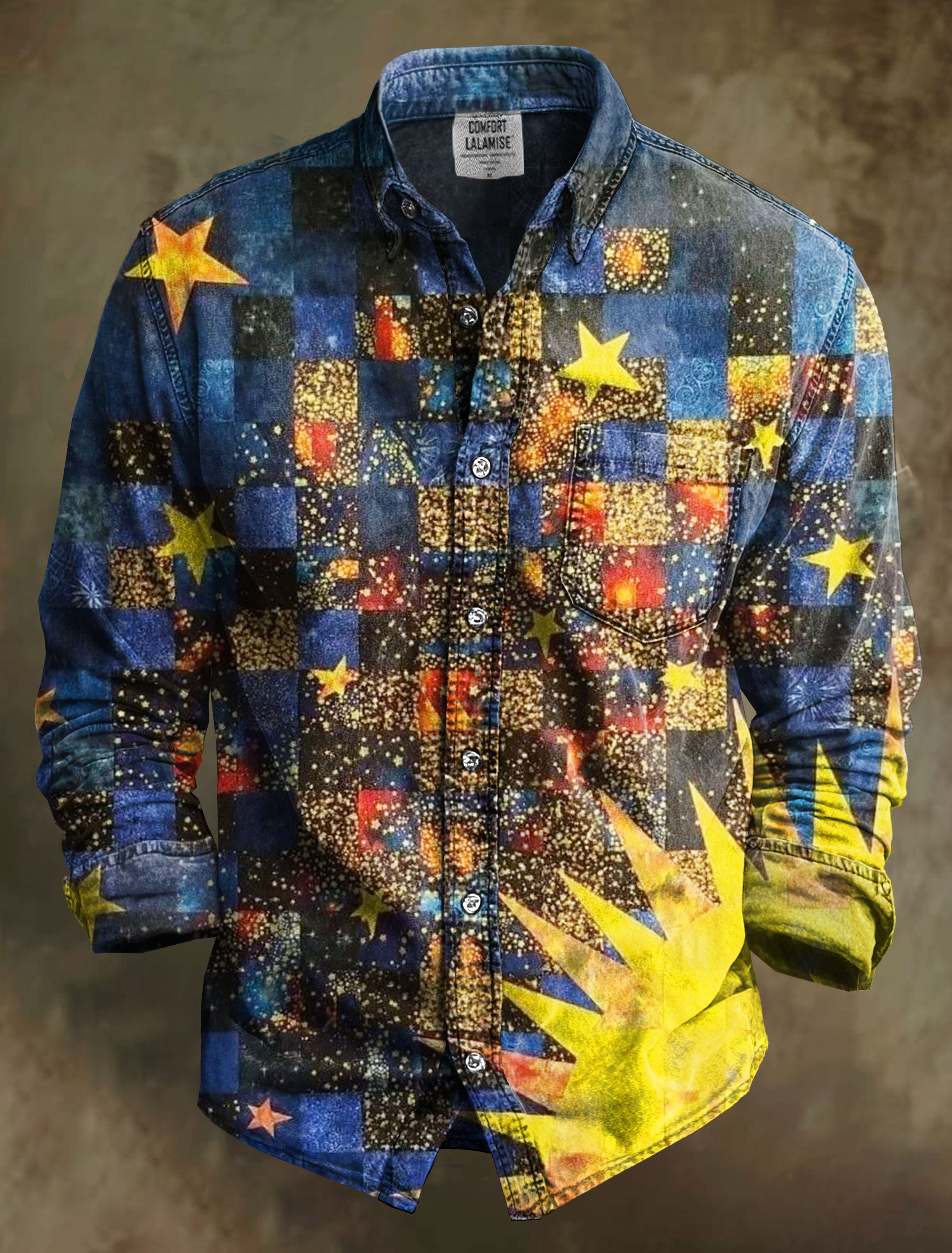 Sun Star Patchwork Art Print 100% Cotton Long Sleeve Shirt