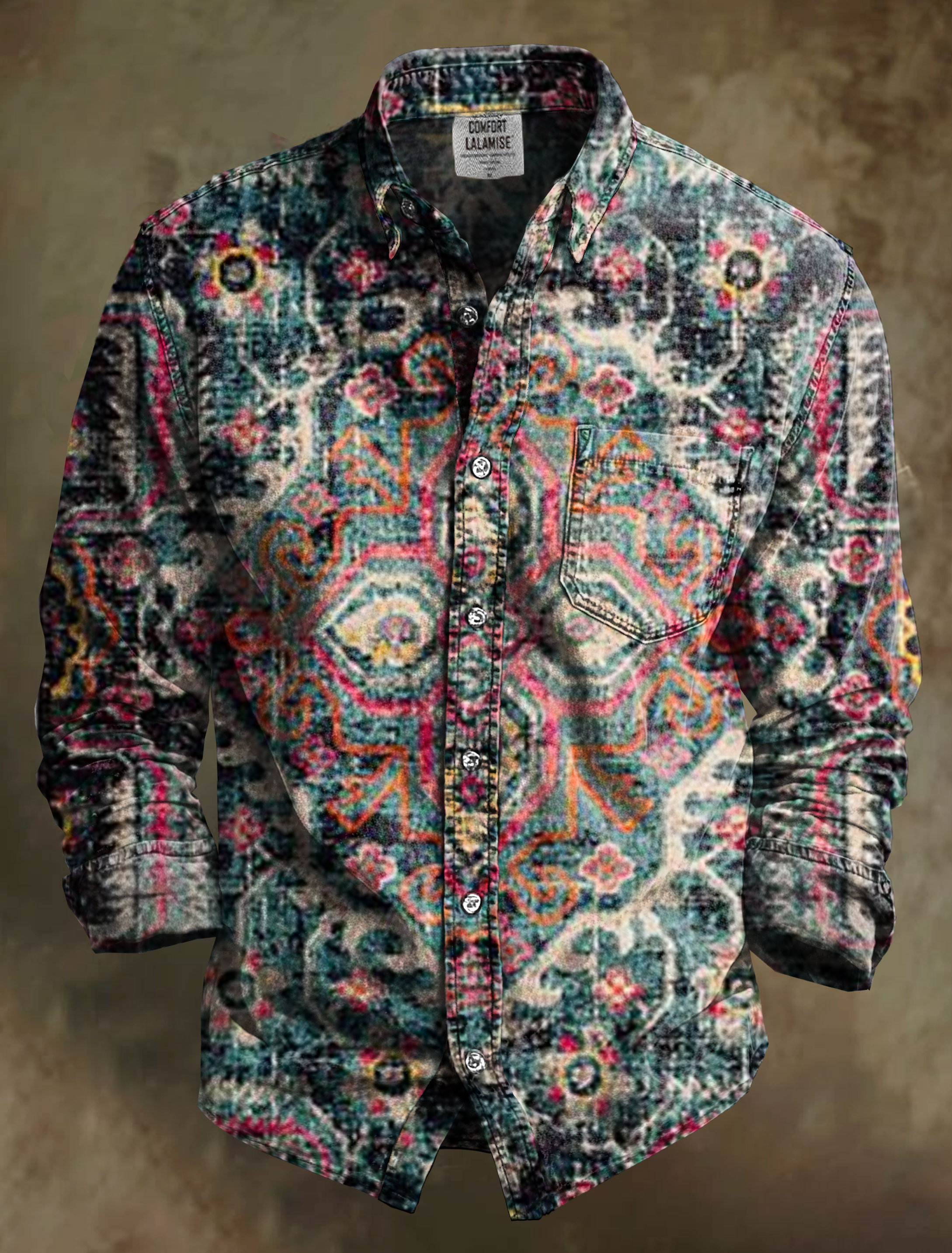 Vintage Ethinic Art Print 100% Cotton Long Sleeve Shirt