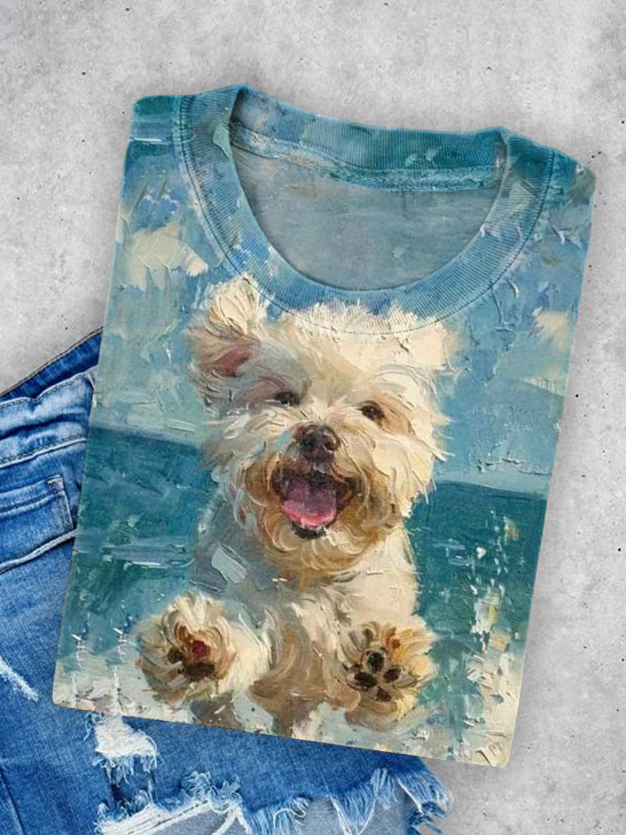 Cute Dog Art Print Casual Short Sleeve T-shirt