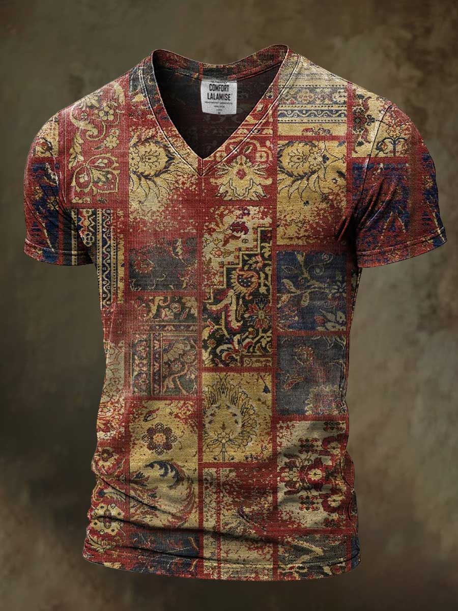 Retro Art Print Casaul Short Sleeve V-neck T-shirt