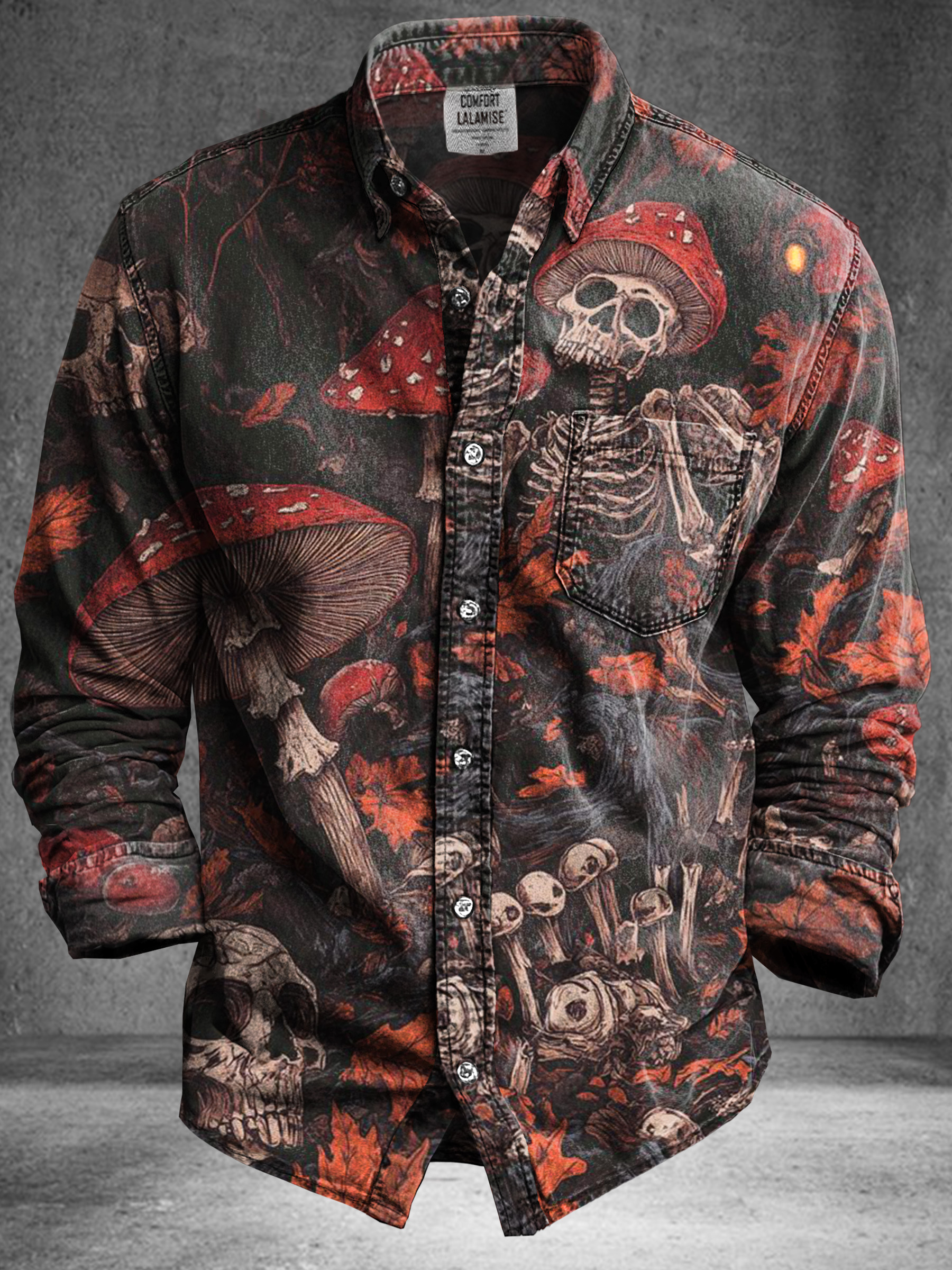 Vintage Abstract Fantasy Mushroom skull Art Print 100% Cotton Long Sleeve Shirt