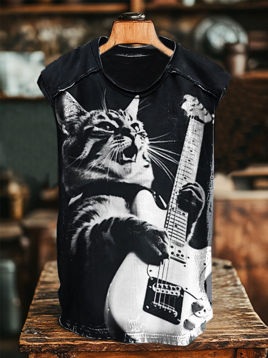 Cat Vintage Print 100% Cotton Casual Tank Top