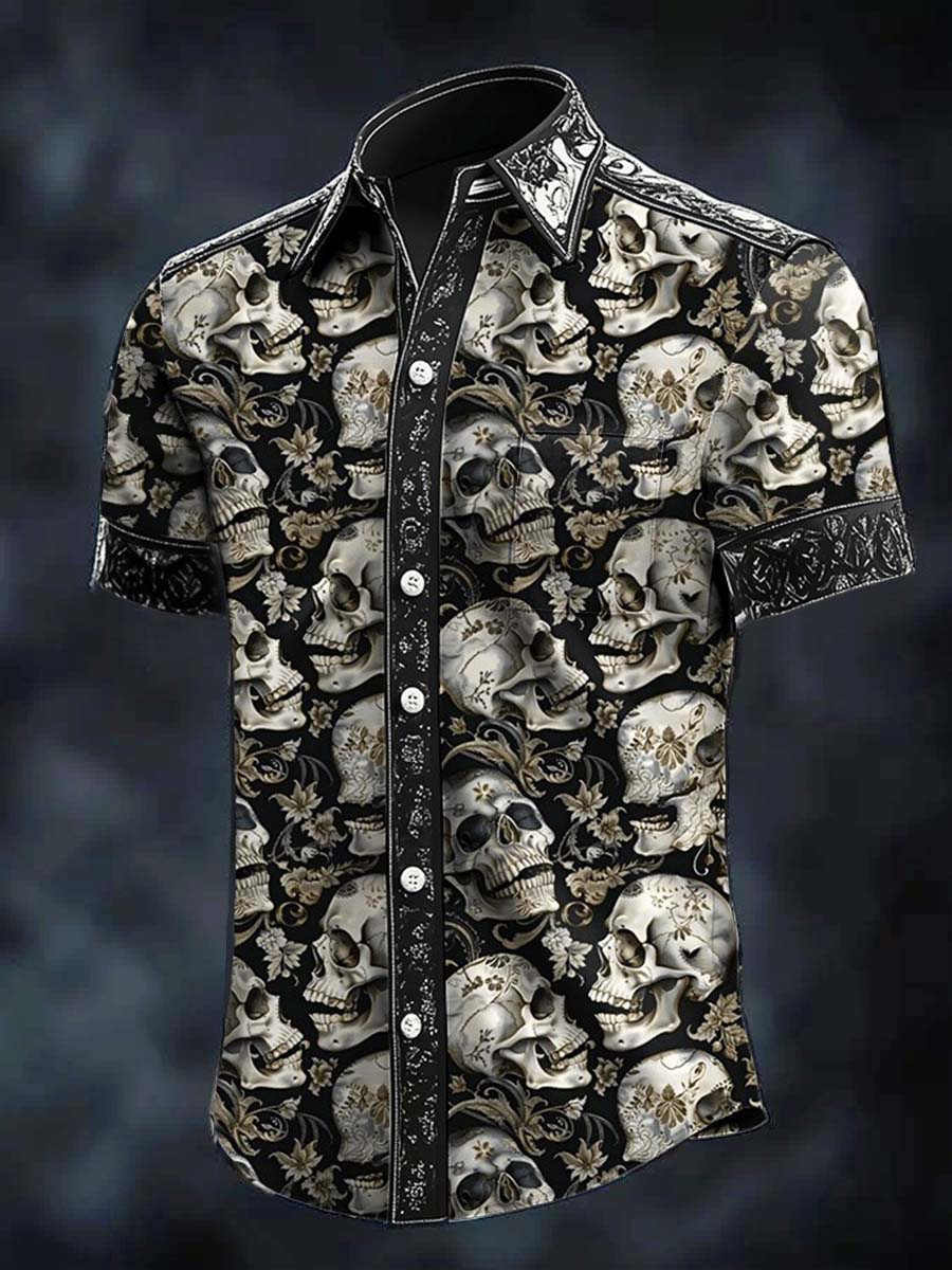 Vintage Floral Death Skull Print Casual 100% Cotton Shirt
