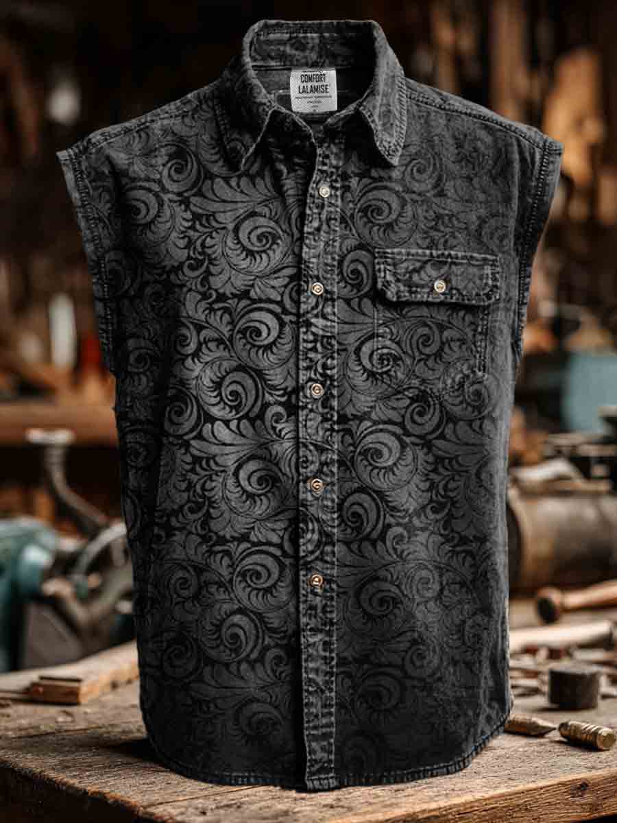 Vintage Art Print Casual 100% Cotton Sleeveless Pocket Lapel Shirt