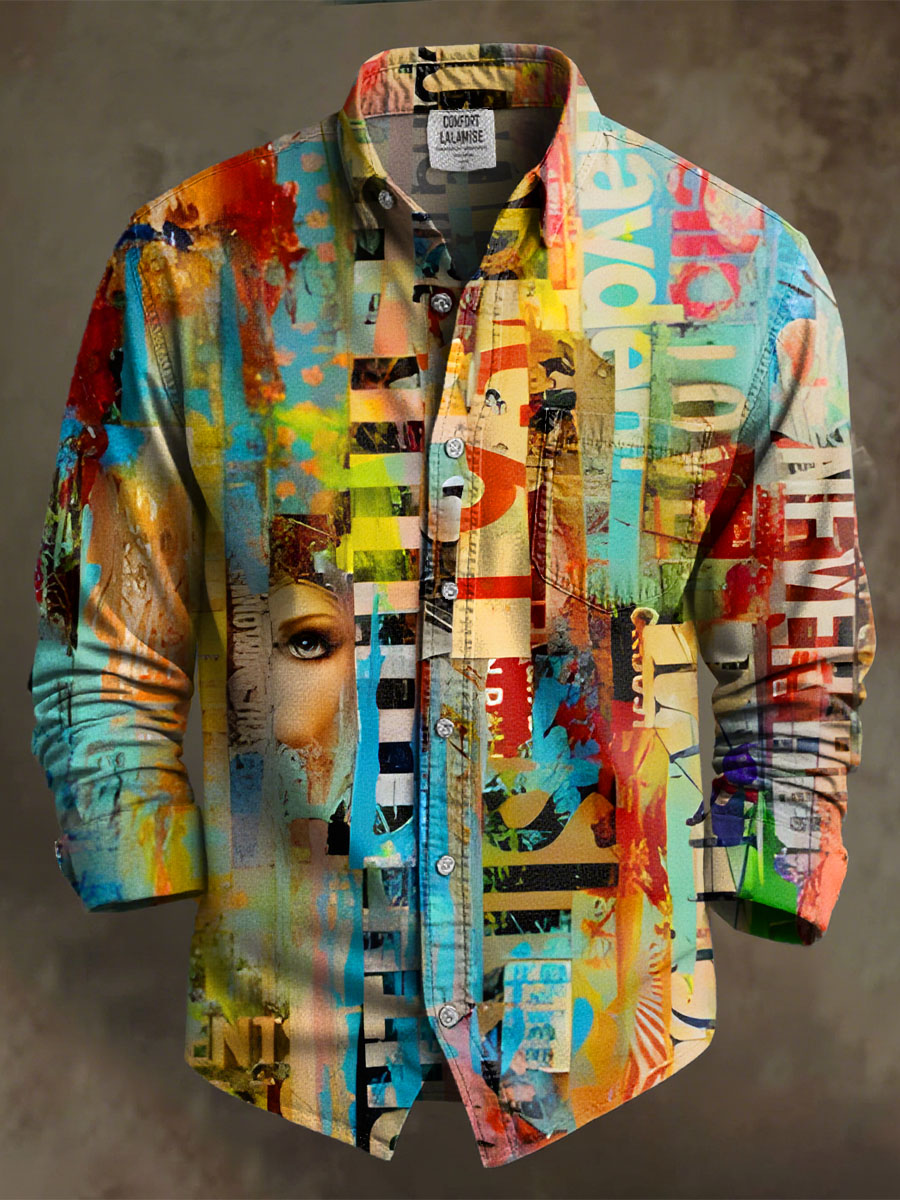 Vintage Multicolor Abstract Art Print 100% Cotton Long Sleeve Shirt