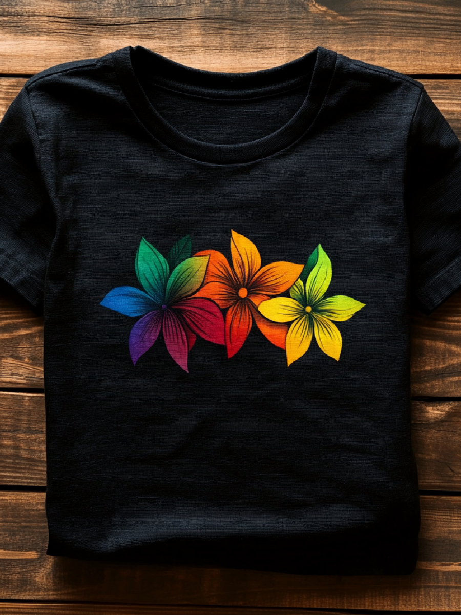 Rainbow Floral Art Print Casual Crew Neck T-Shirt