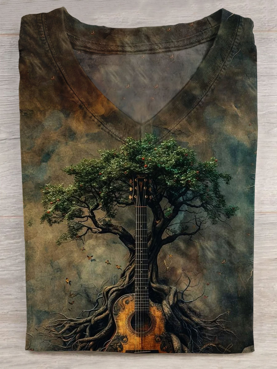 Vintage Roots of strings Art Print V-neck Casual T-Shirt