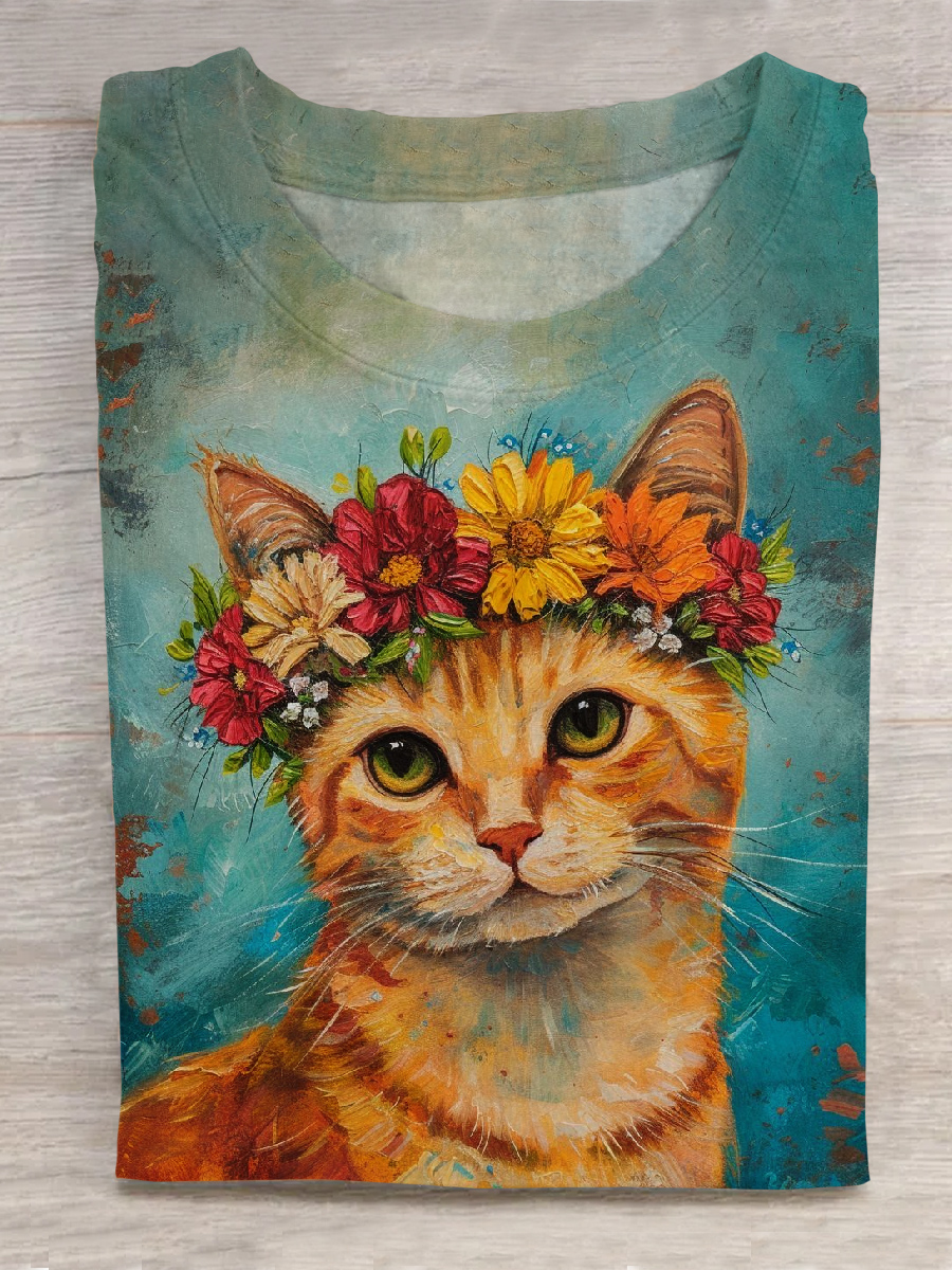 Cat Art Printed Crew Neck Short Sleeve T-Shirt
