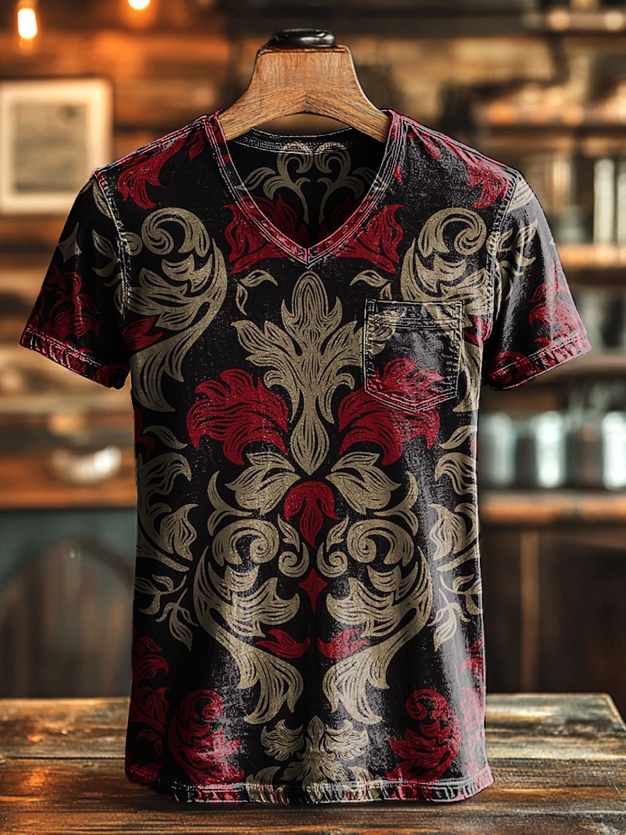 Unisex Vintage Symmetrical Floral Print Casual V-Neck Pocket T-Shirt