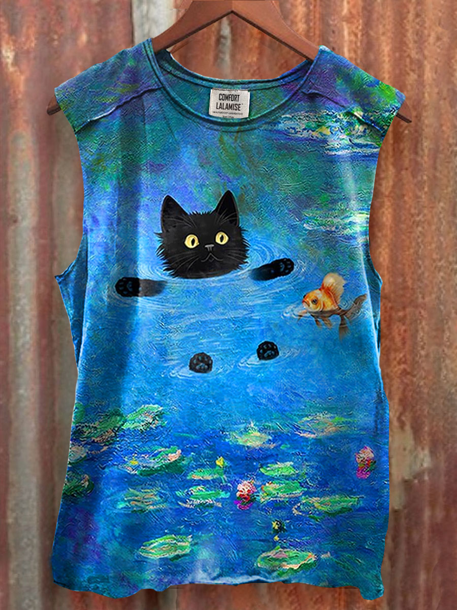 Funny Cat Print 100% Cotton Casual Tank Top