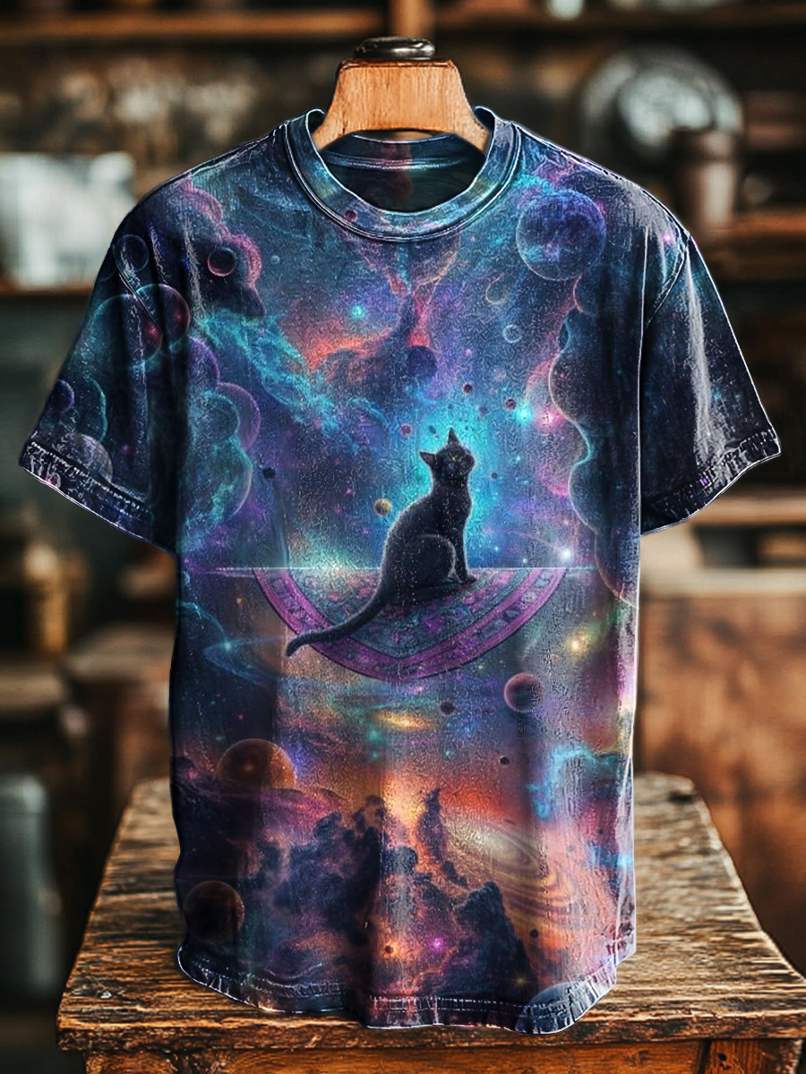 Unisex Retro Black Cat Magic Carpet Print Casual Short Sleeve T-Shirt