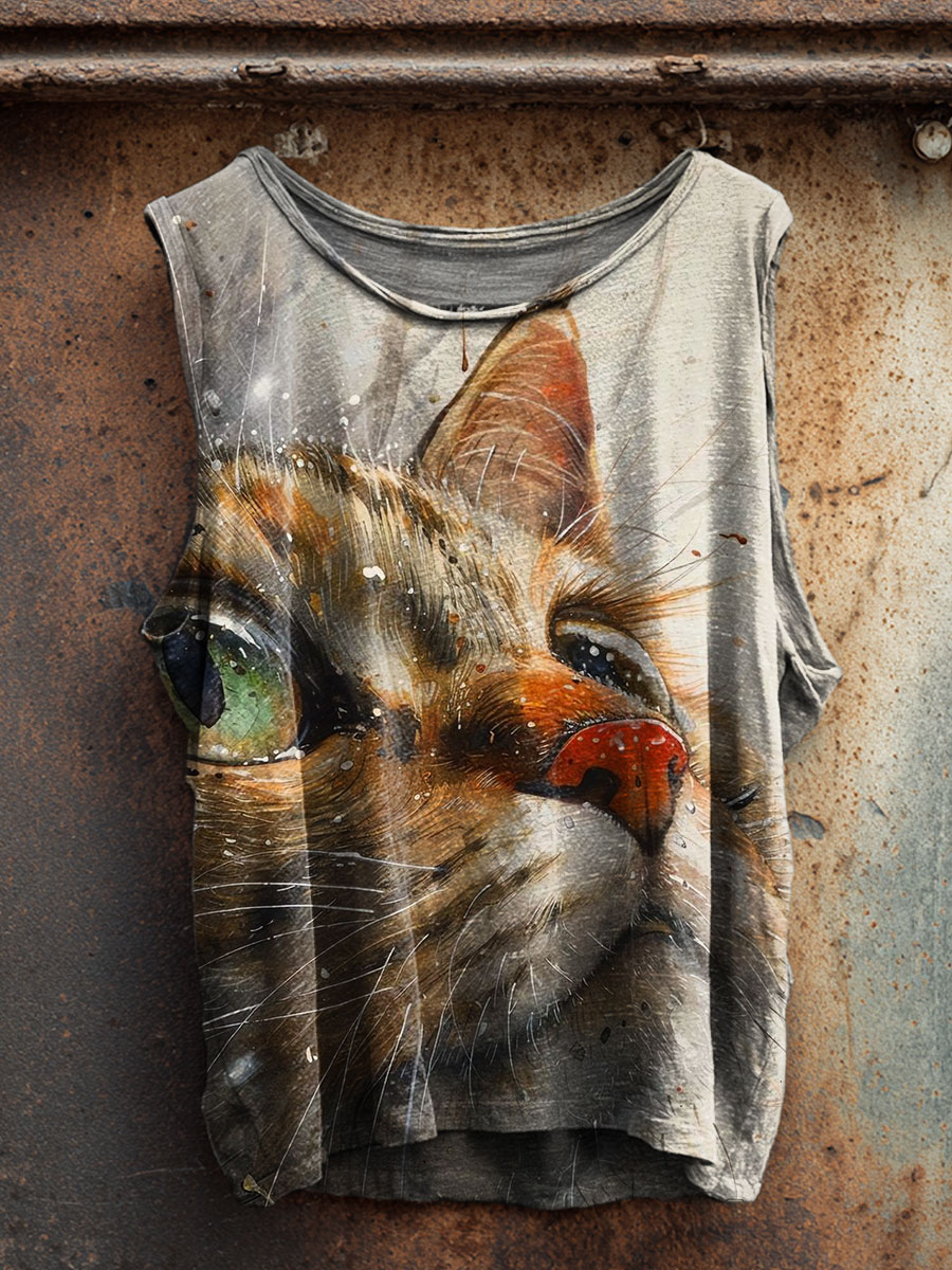 Vintage Cat Print 100% Cotton Casual Tank Top