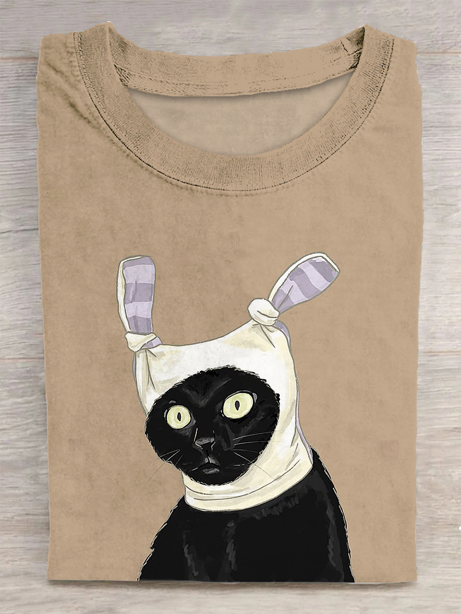 Funny Cat Printed Vintage Fashion Loose Short Sleeve T-Shirt