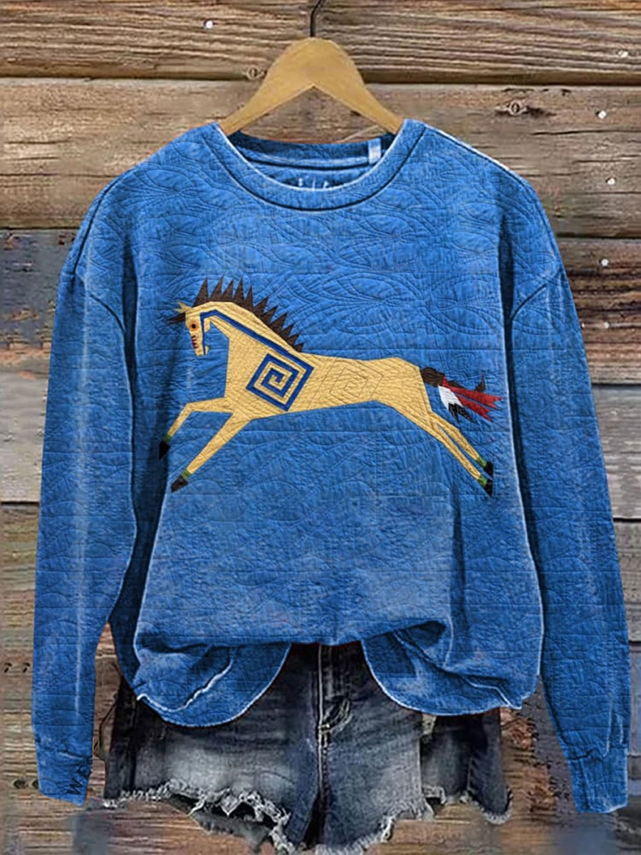 Classic Horse Art Print Casual Cotton Sweatshirt