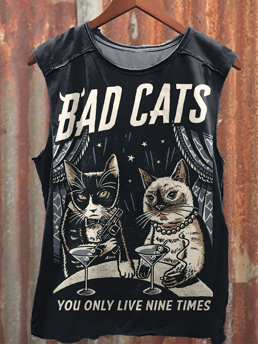 Vintage Cat Print 100% Cotton Casual Tank Top