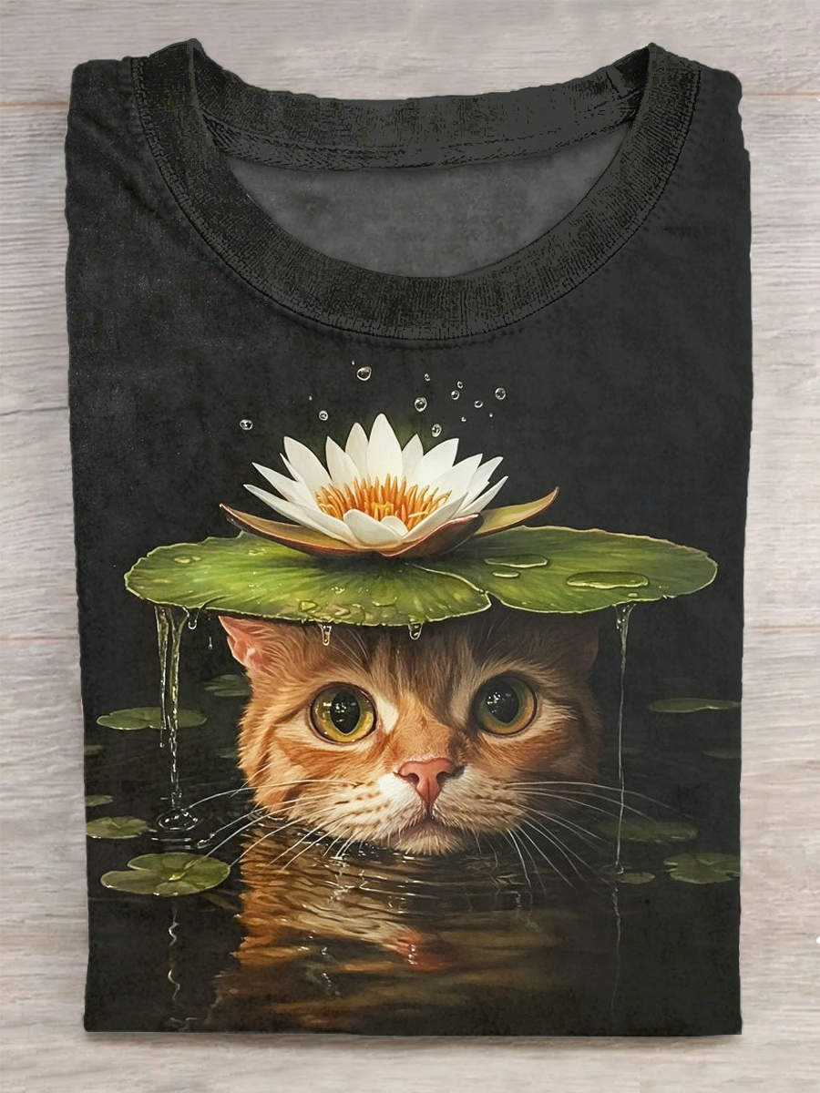 Cat Printed Vintage Fashion Loose Short Sleeve T-Shirt