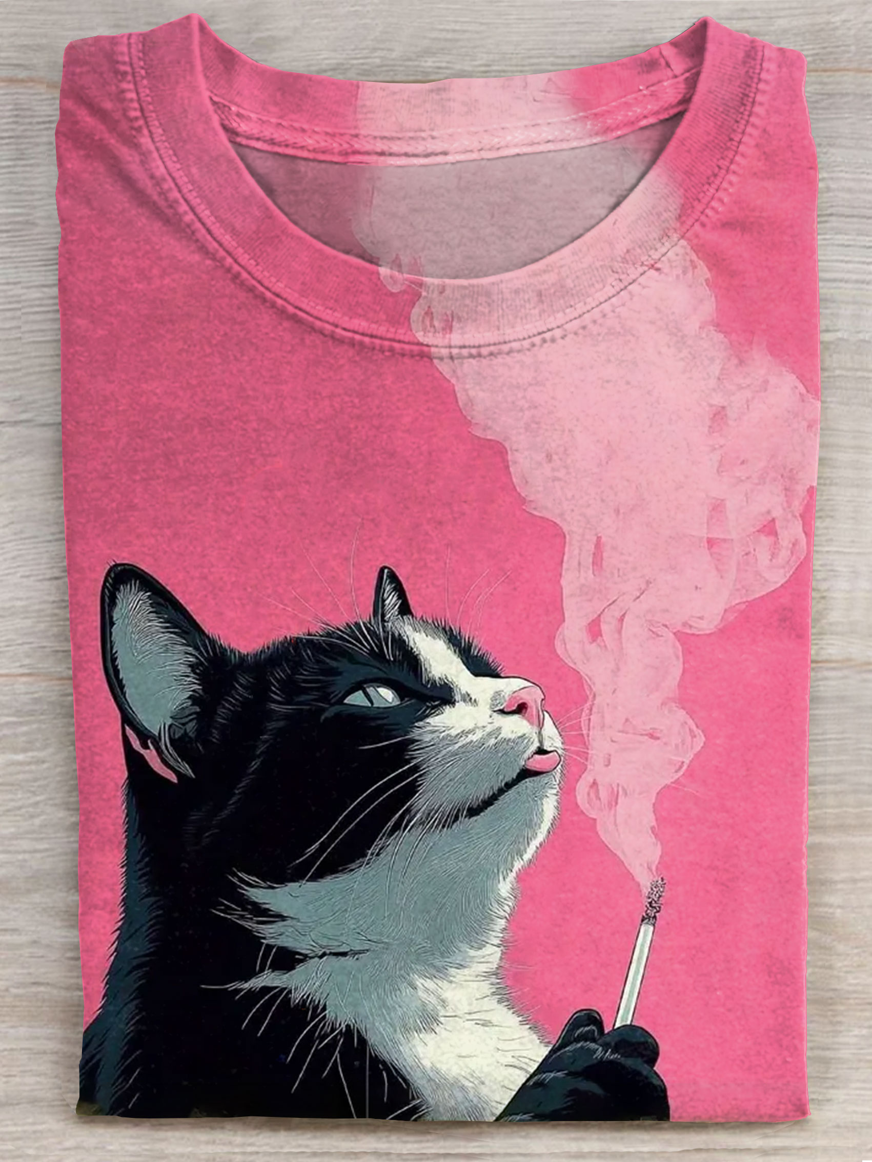 Funny Smoking Cat Art Print Casaul Short Sleeve T-shirt