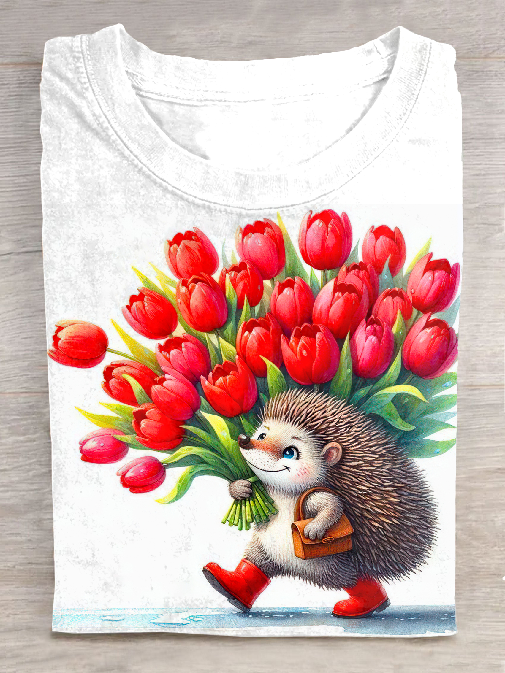 Hedgehog Tulip Art Printed Crew Neck Women's T-shirt